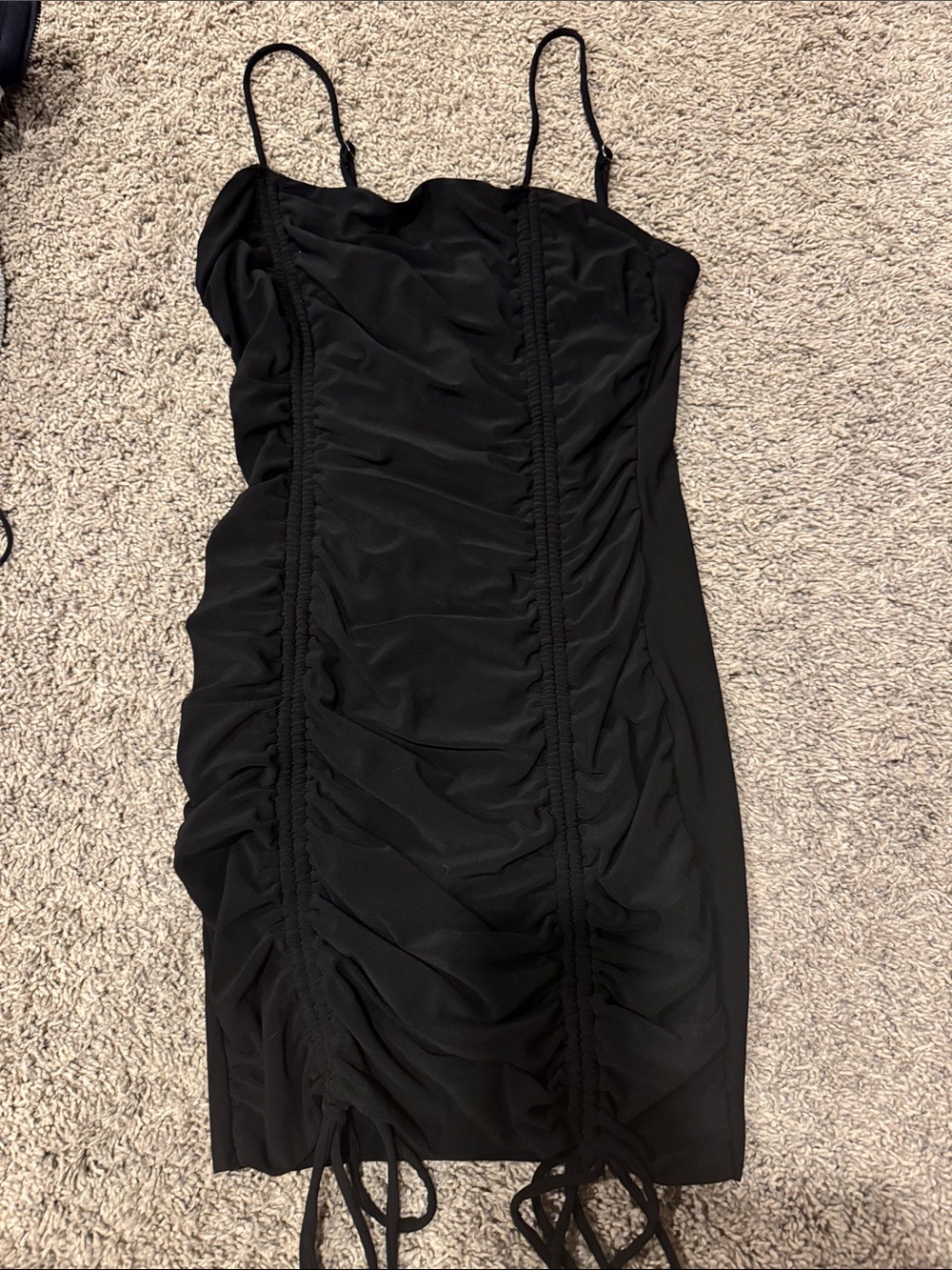 iris Black Ruched Spaghetti-Strap Mini Dress